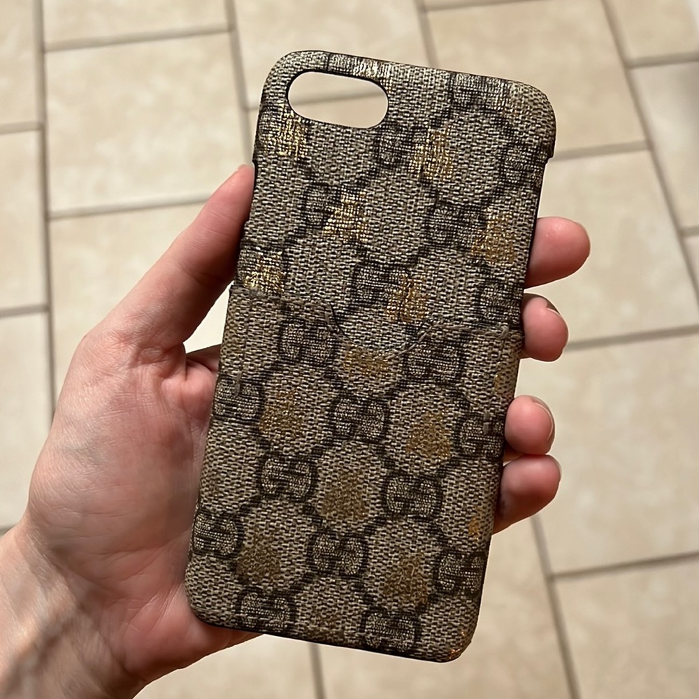Authentic Gucci Monogram with Gold Metallic Bees Cardholder Phone Case